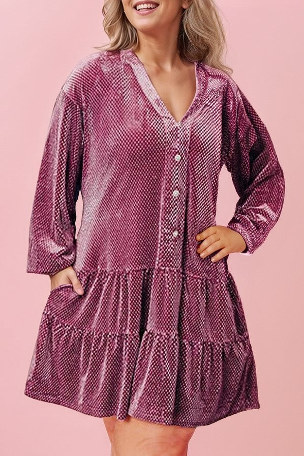 Plus size textured velvet v neck dress