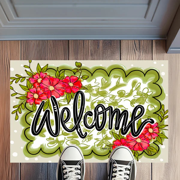 Green Scalloped Framed Floral Rug Floormat
