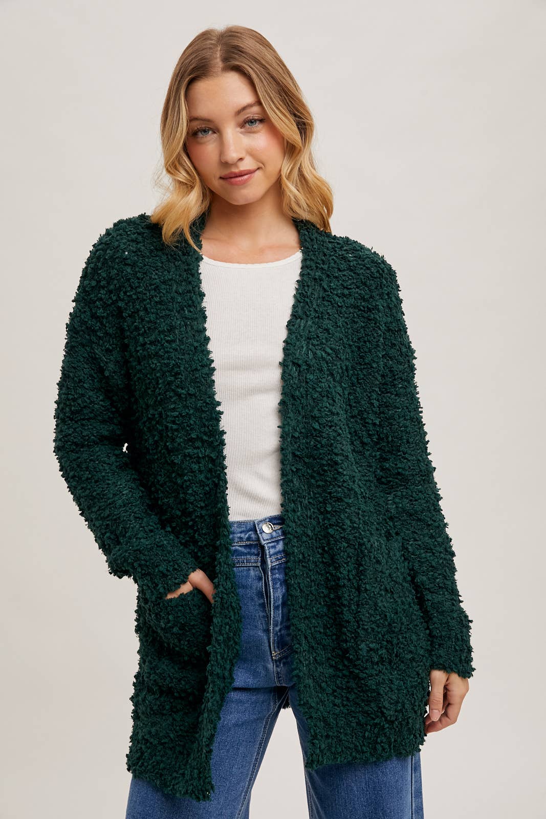 FLUFFY BOUCLÉ OPEN FRONT CARDIGAN: HUNTER GREEN / M/L