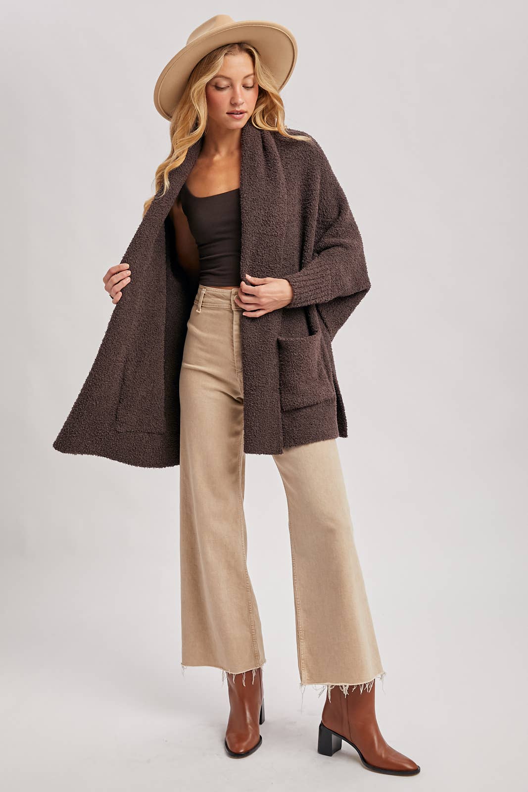 OPEN FRONT BLANKET WRAP BOUCLE KNIT SWEATER CARDIGAN: LATTE / One Size