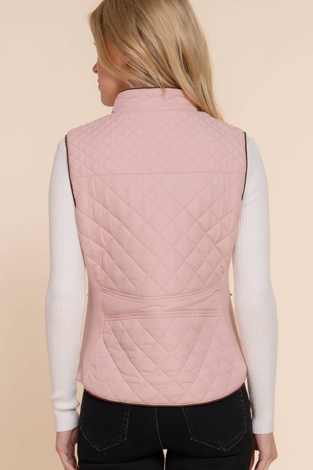 Suede Piping Detail Rib Quilted Padding Vest: TPE-pale taupe / L