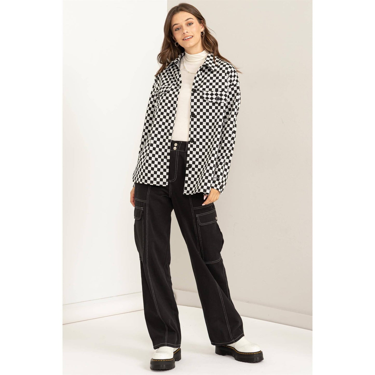HYFVE Checkerboard Pattern Shacket: BLACK / WHITE
