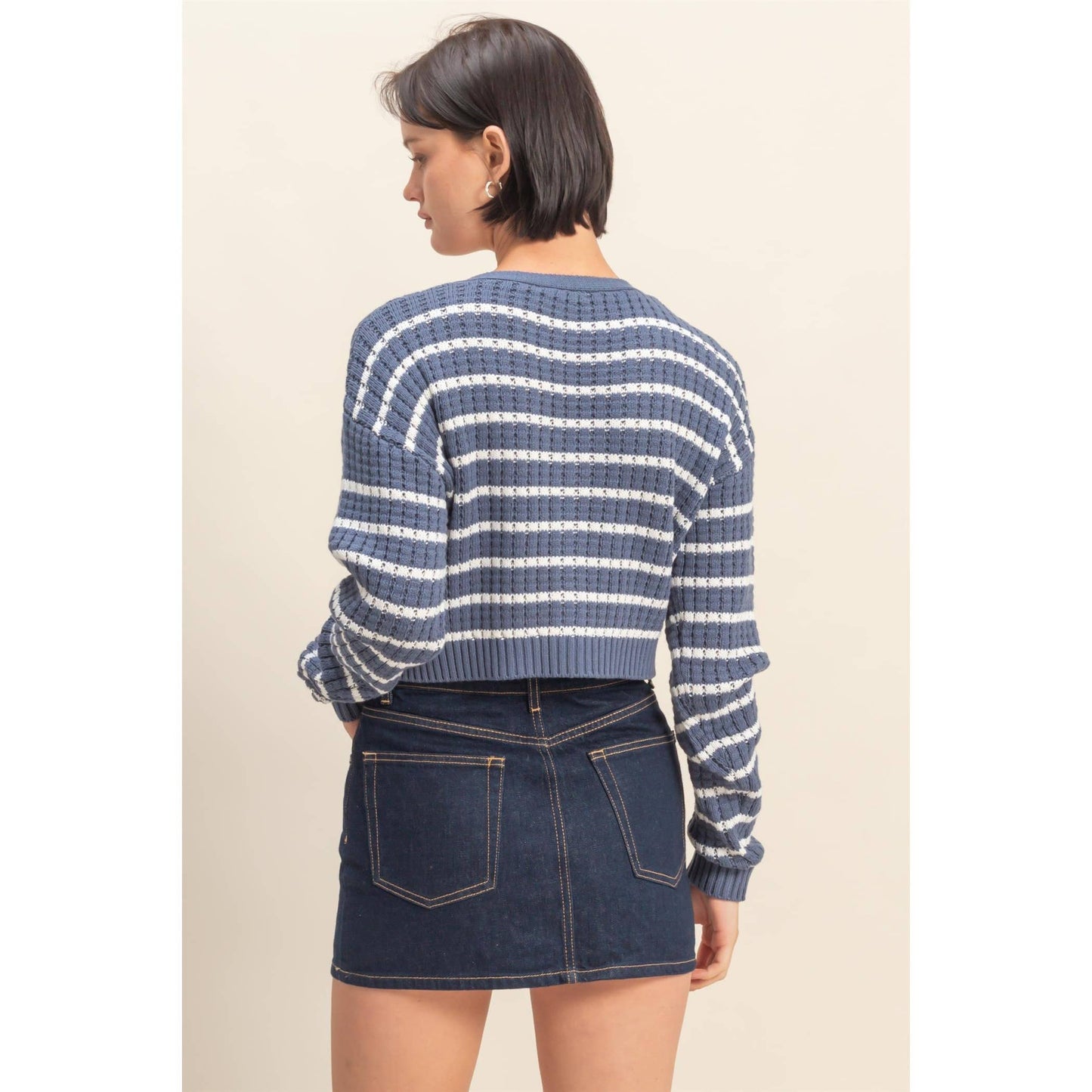 Striped Long Sleeve Buttoned Sweater Cardigan: DUSTY NAVY/WHITE