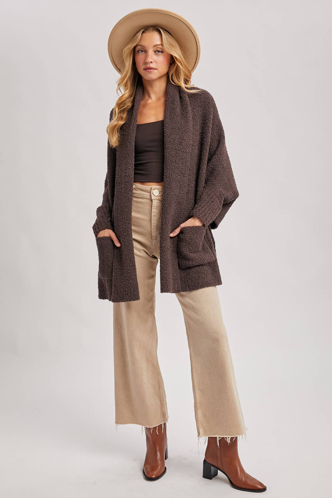 OPEN FRONT BLANKET WRAP BOUCLE KNIT SWEATER CARDIGAN: LATTE / One Size