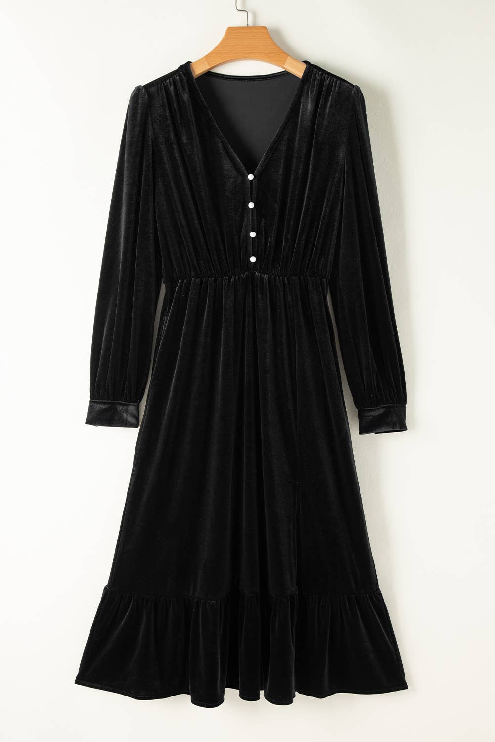 Velvet Buttoned Puff Sleeve Split Midi Dress: Racing Red / 95%Polyester+5%Elastane / L