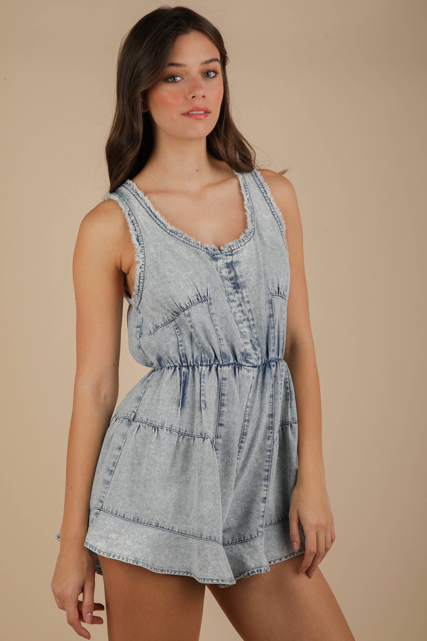 NP70788-Washed Chambray Denim Frayed Romper