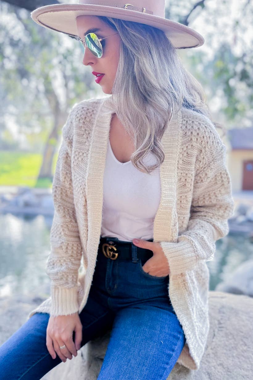 Two Tone Textured Open Front Long Sleeve Knit Cozy Cardigan: Beige Ivory / One Size