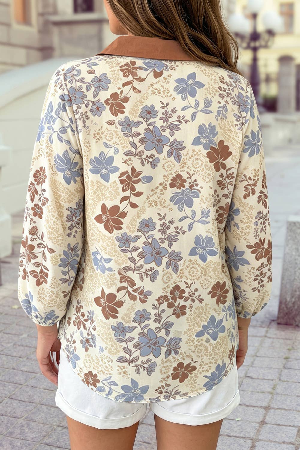 V Neck Floral Blouse Long Sleeve Casual Shift Pullover