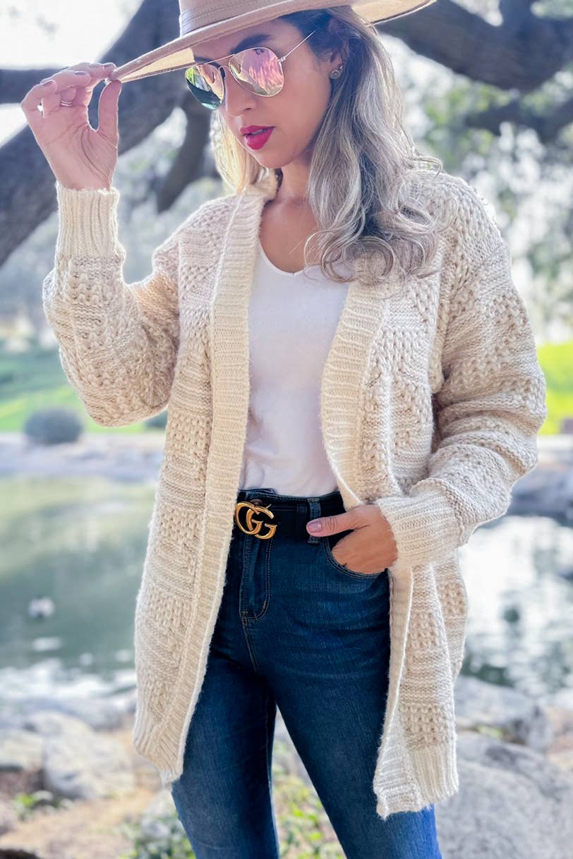 Two Tone Textured Open Front Long Sleeve Knit Cozy Cardigan: Beige Ivory / One Size
