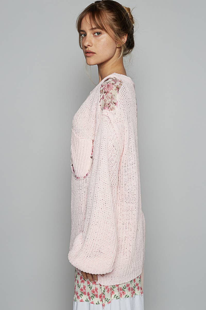 Round neck solid pocket thin sweater top: PINK BLUSH