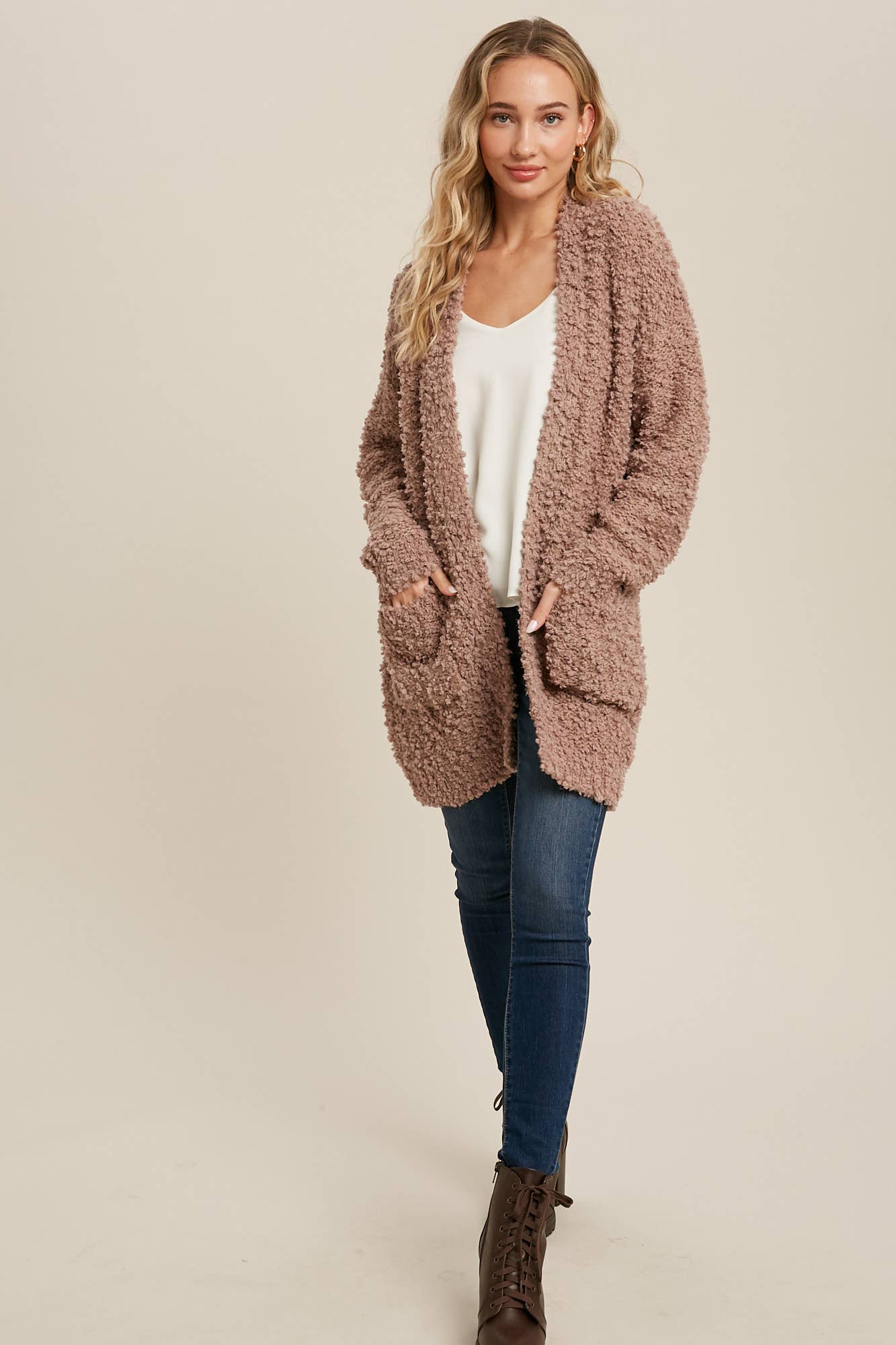 FLUFFY BOUCLÉ OPEN FRONT CARDIGAN: HUNTER GREEN / M/L