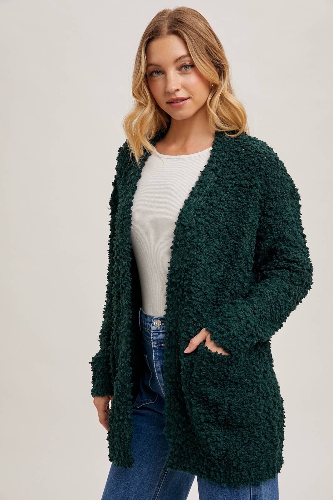 FLUFFY BOUCLÉ OPEN FRONT CARDIGAN: HUNTER GREEN / M/L