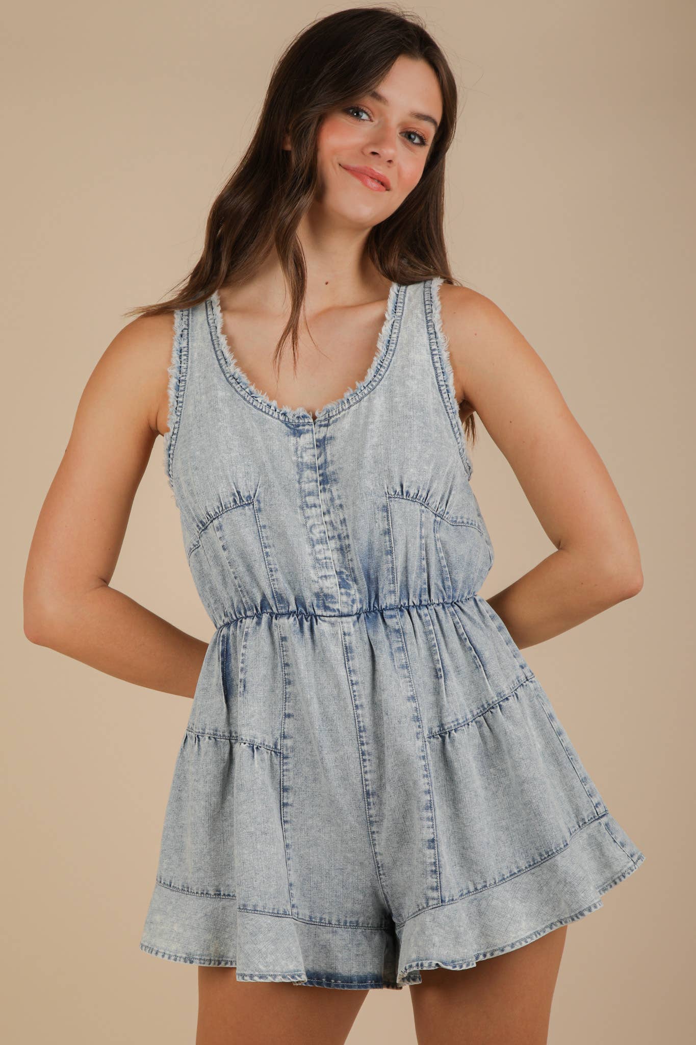 NP70788-Washed Chambray Denim Frayed Romper