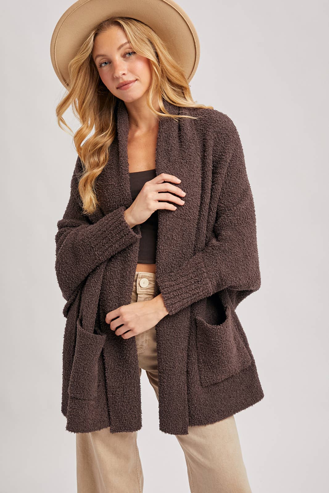 OPEN FRONT BLANKET WRAP BOUCLE KNIT SWEATER CARDIGAN: LATTE / One Size
