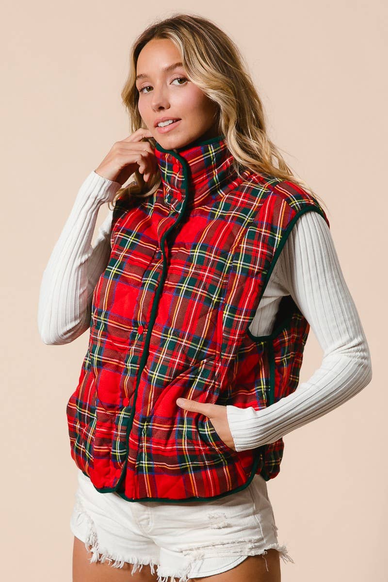 Vintage Christmas Plaid Quilting Vest: RED MULTI