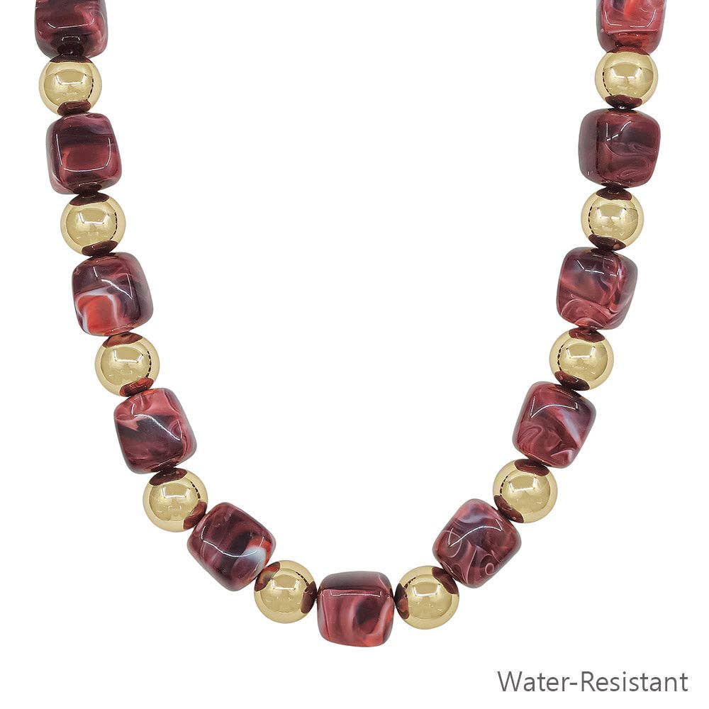 Water Resistant Gold and Maroon 14MM Beaded 16"-18" Necklace