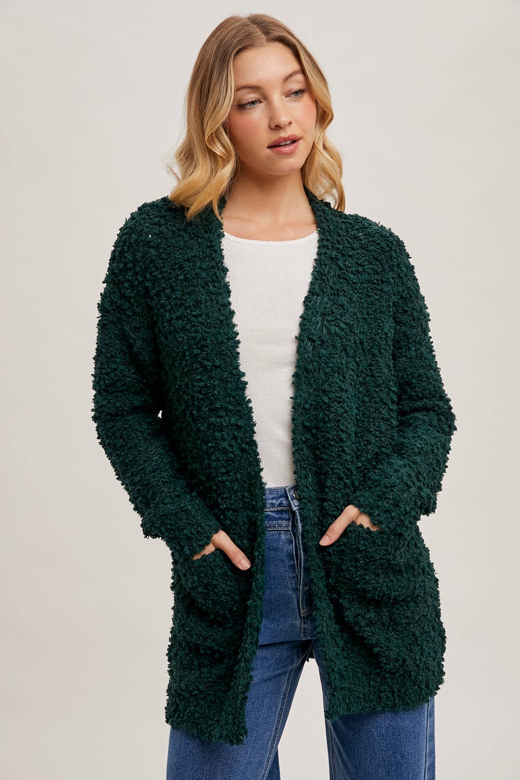 FLUFFY BOUCLÉ OPEN FRONT CARDIGAN: HUNTER GREEN / M/L