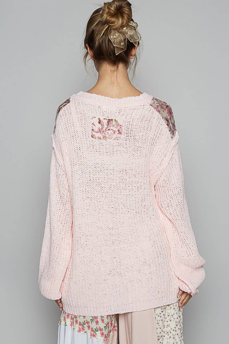 Round neck solid pocket thin sweater top: PINK BLUSH