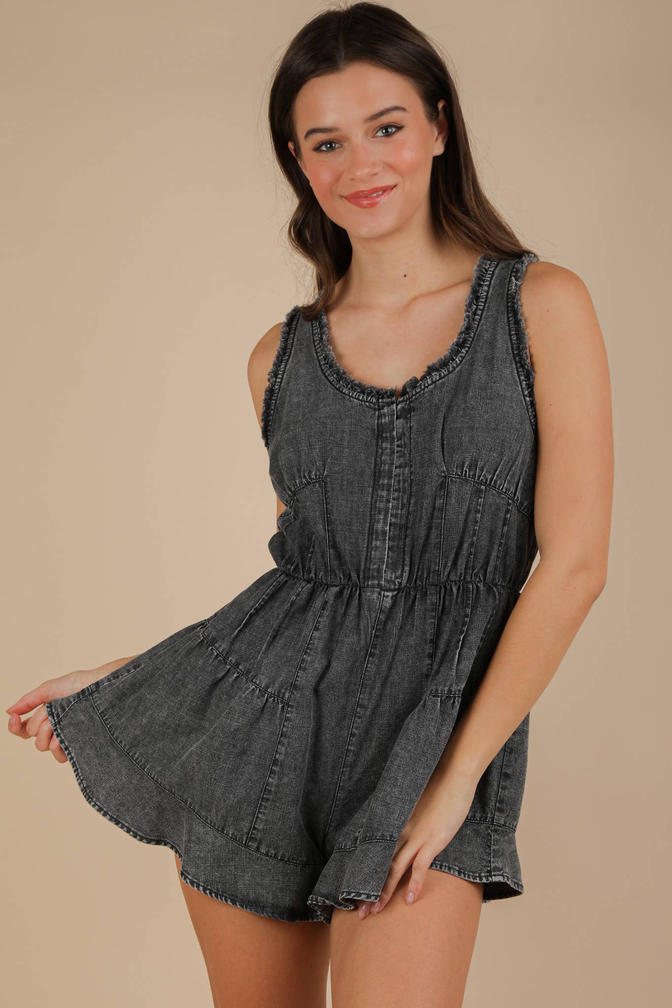 NP70788-Washed Chambray Denim Frayed Romper
