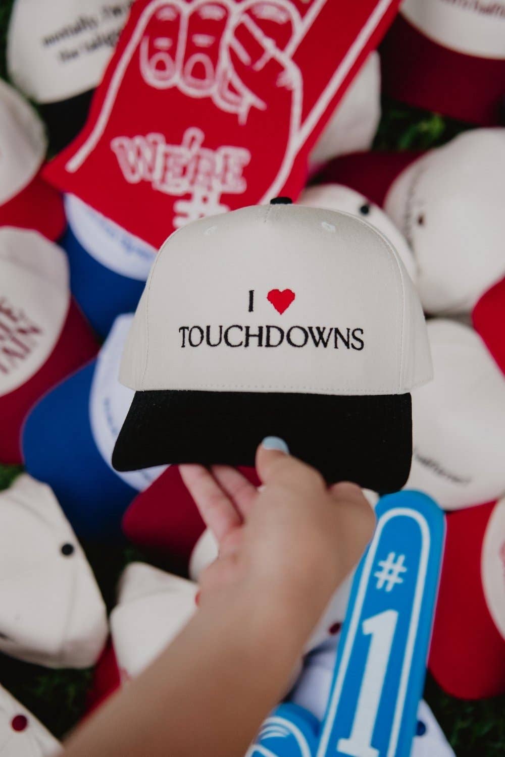 I Heart Touchdowns Vintage Trucker Hat: Blue and White