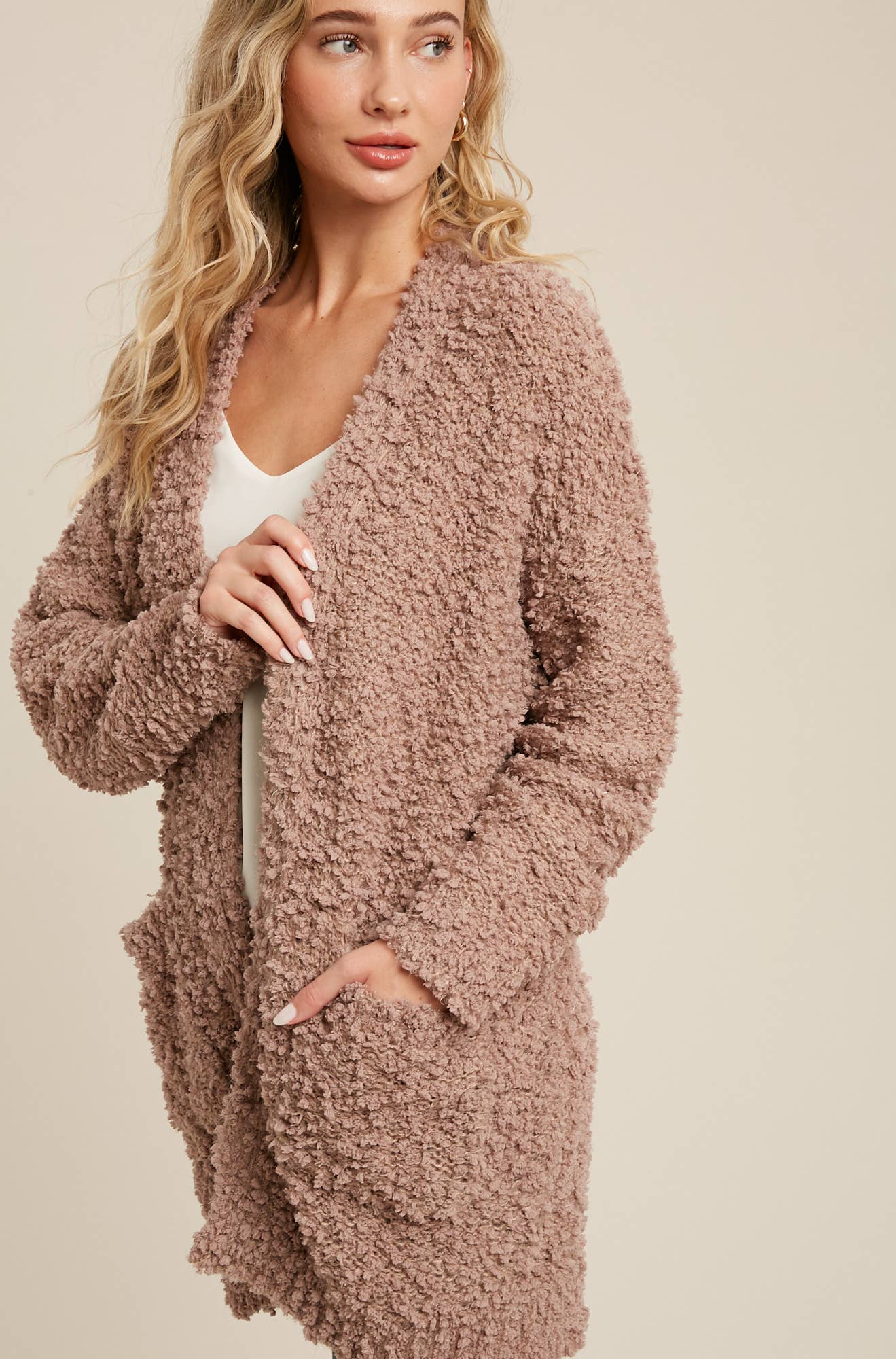 FLUFFY BOUCLÉ OPEN FRONT CARDIGAN: HUNTER GREEN / M/L