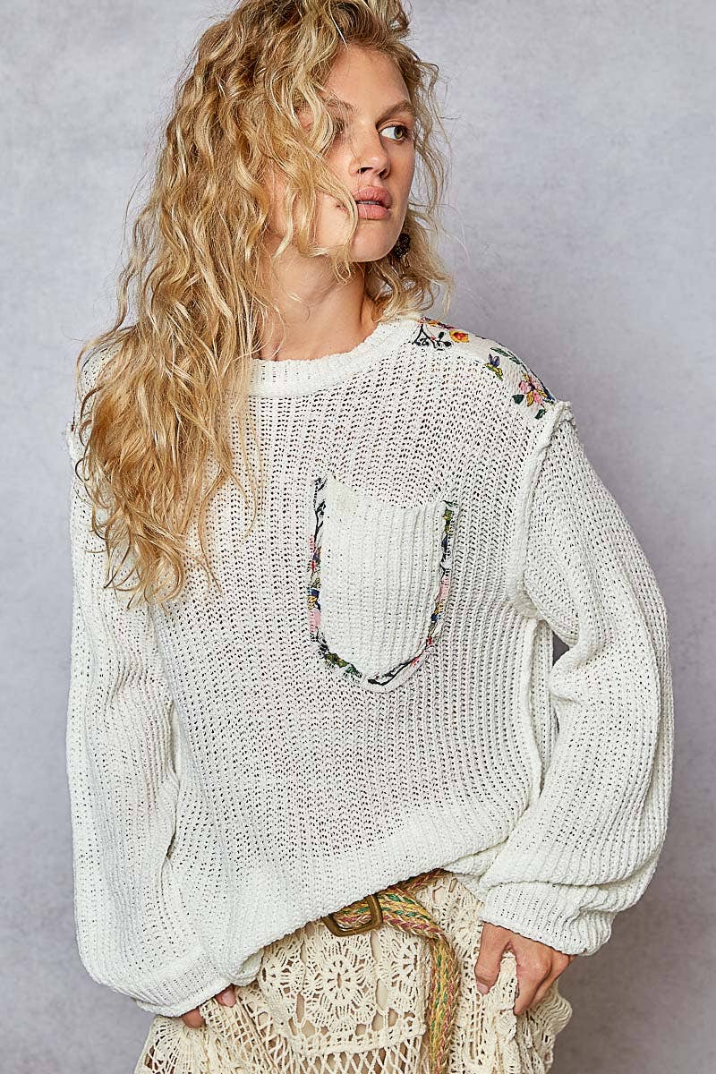 Round neck solid pocket thin sweater top: PINK BLUSH