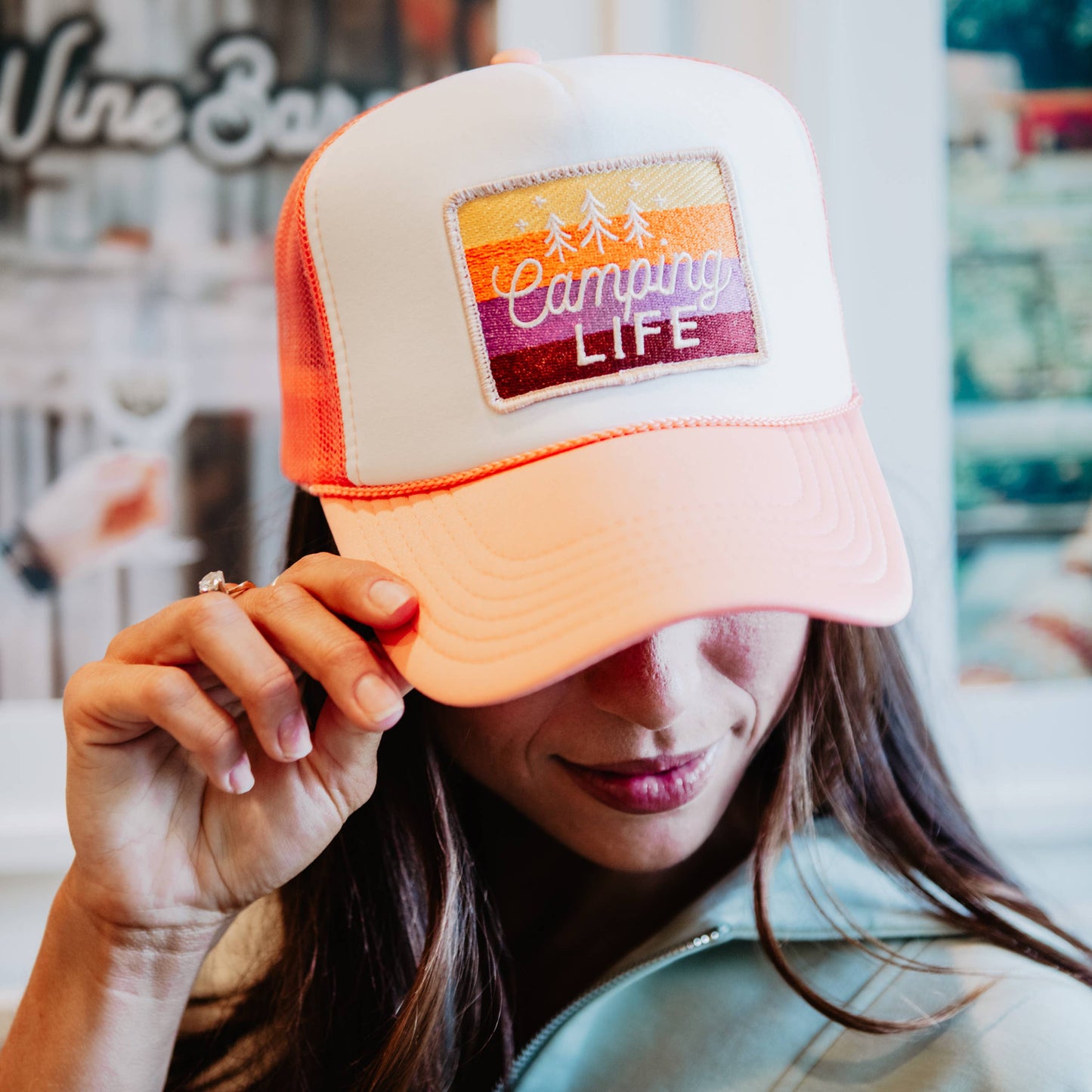 Camping LIFE Patch Foam Trucker Cap Wholesale: Coral and White