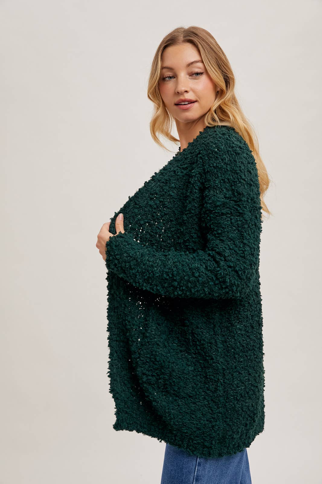 FLUFFY BOUCLÉ OPEN FRONT CARDIGAN: HUNTER GREEN / M/L