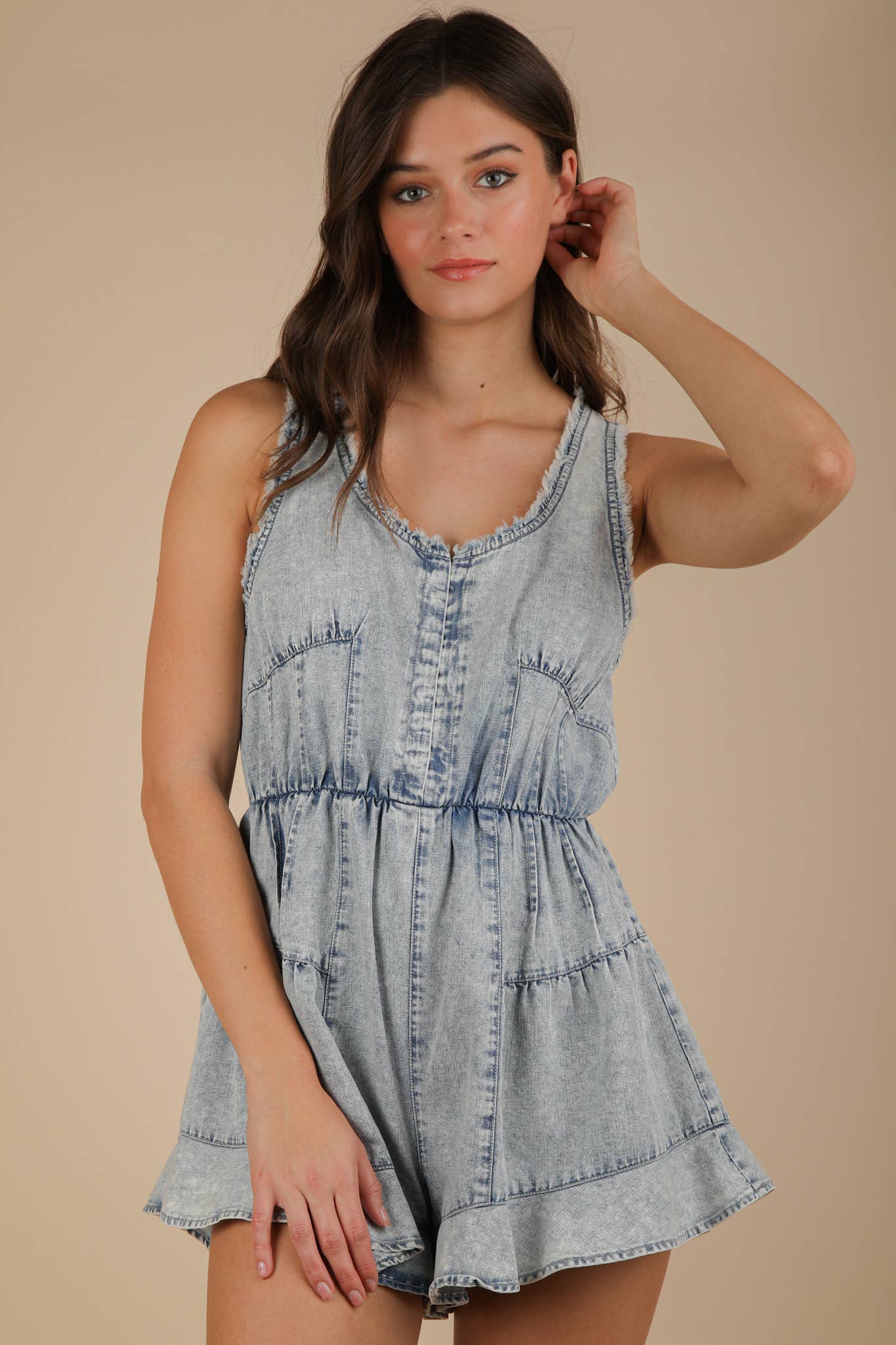 NP70788-Washed Chambray Denim Frayed Romper