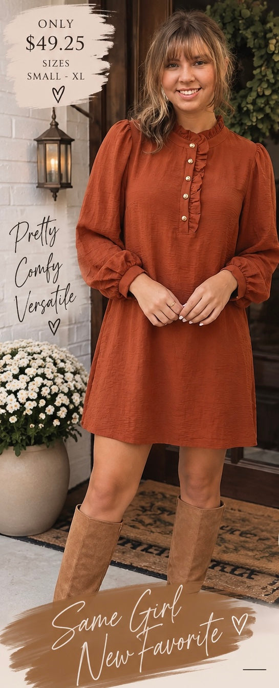 PreOrder 09/30-Solid Ruffle Trim Bubble Sleeve Shift Mini Dress-Coffee