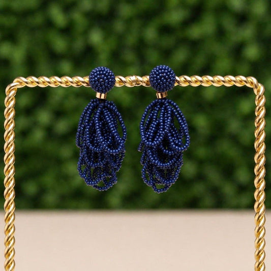 Navy Palm Beach Loop Earrings| Custom Beaded Statement Earrings