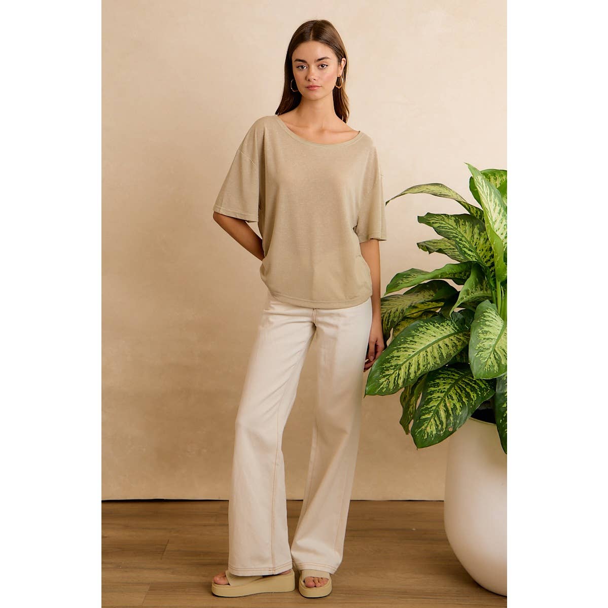 SOLID JERSEY RELAXED FIT SHORT SLEEVES POCKET TOP: LATTE / L