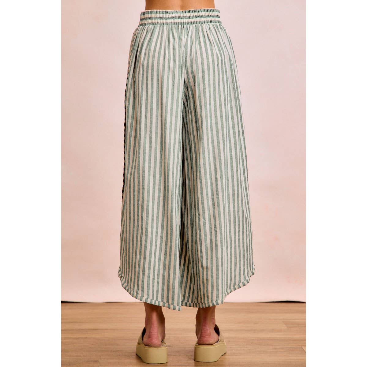FLORAL EYELET SIDE ELASTIC STRIPES WIDE LEG PANTS: LIGHT PINK