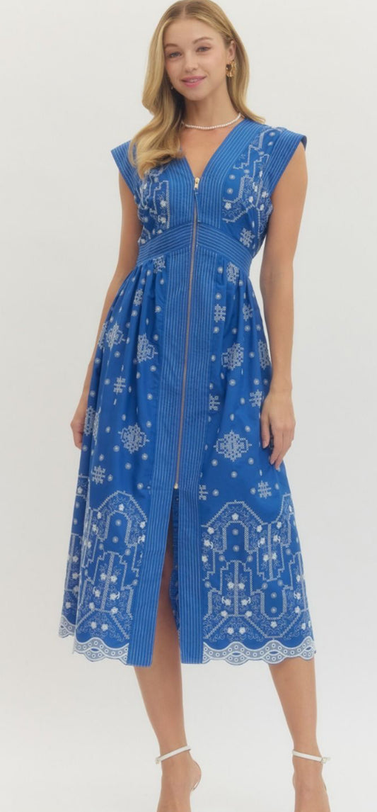 ENTRO Embroidered cap sleeve midi dress