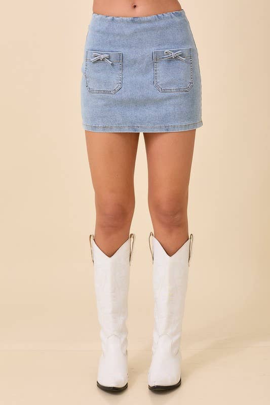 Mini Denim Skort With Front Pocket And Ribbon Bow: LIGHT DENIM