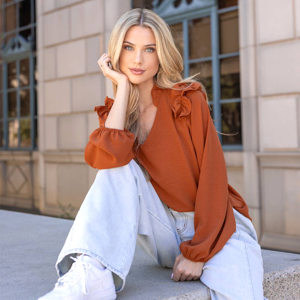 Ruffle Shoulder V-Neck Blouse: Adobe