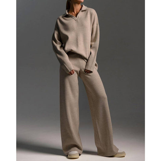 Long sleeve top and long pants sweater set: KHAKI / M