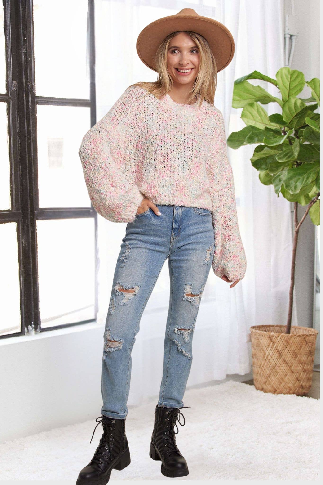 MULTI POPCORN TEXTURED SWEATER TOP: PINK