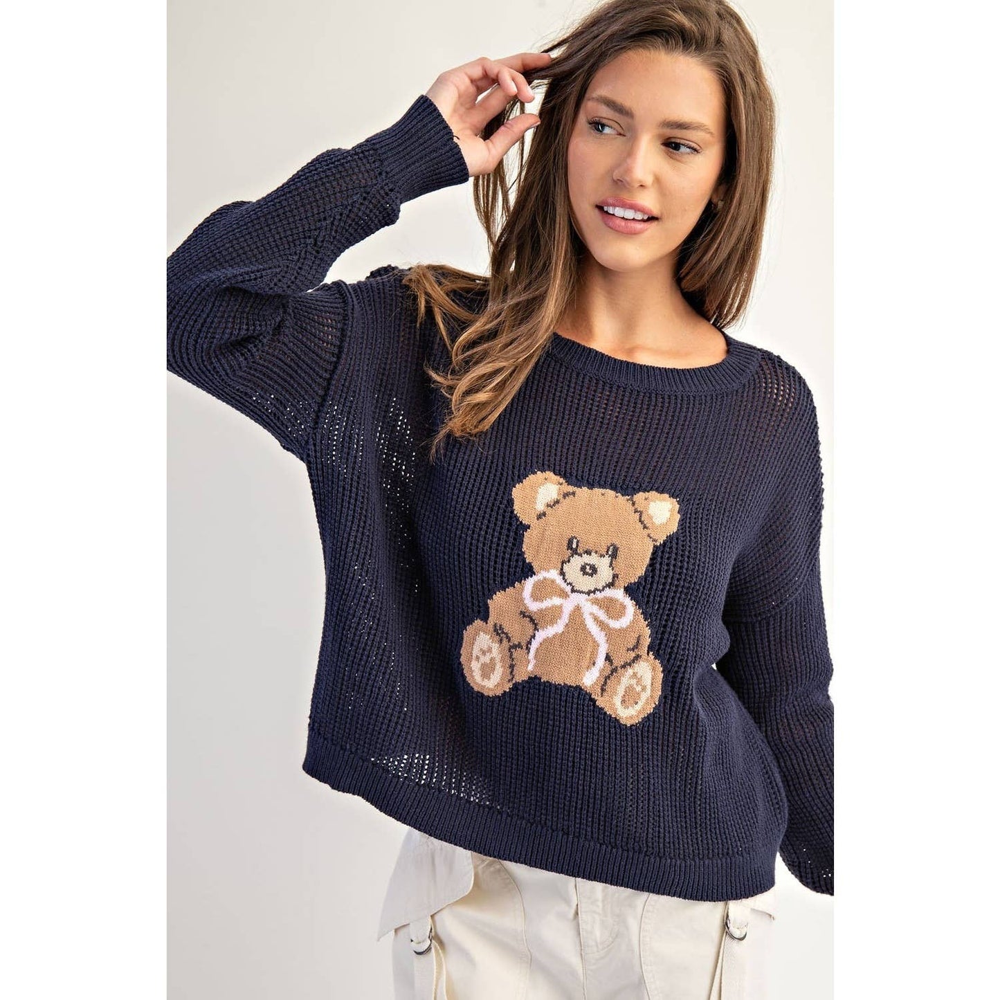 Teddy Bear Knit Sweater Top: NAVY