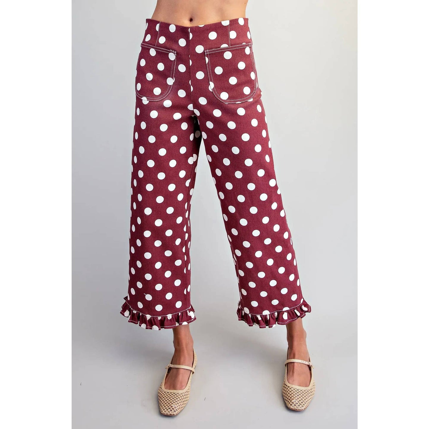 NEW Polka Dot Ruffle Hem Pants: WINE