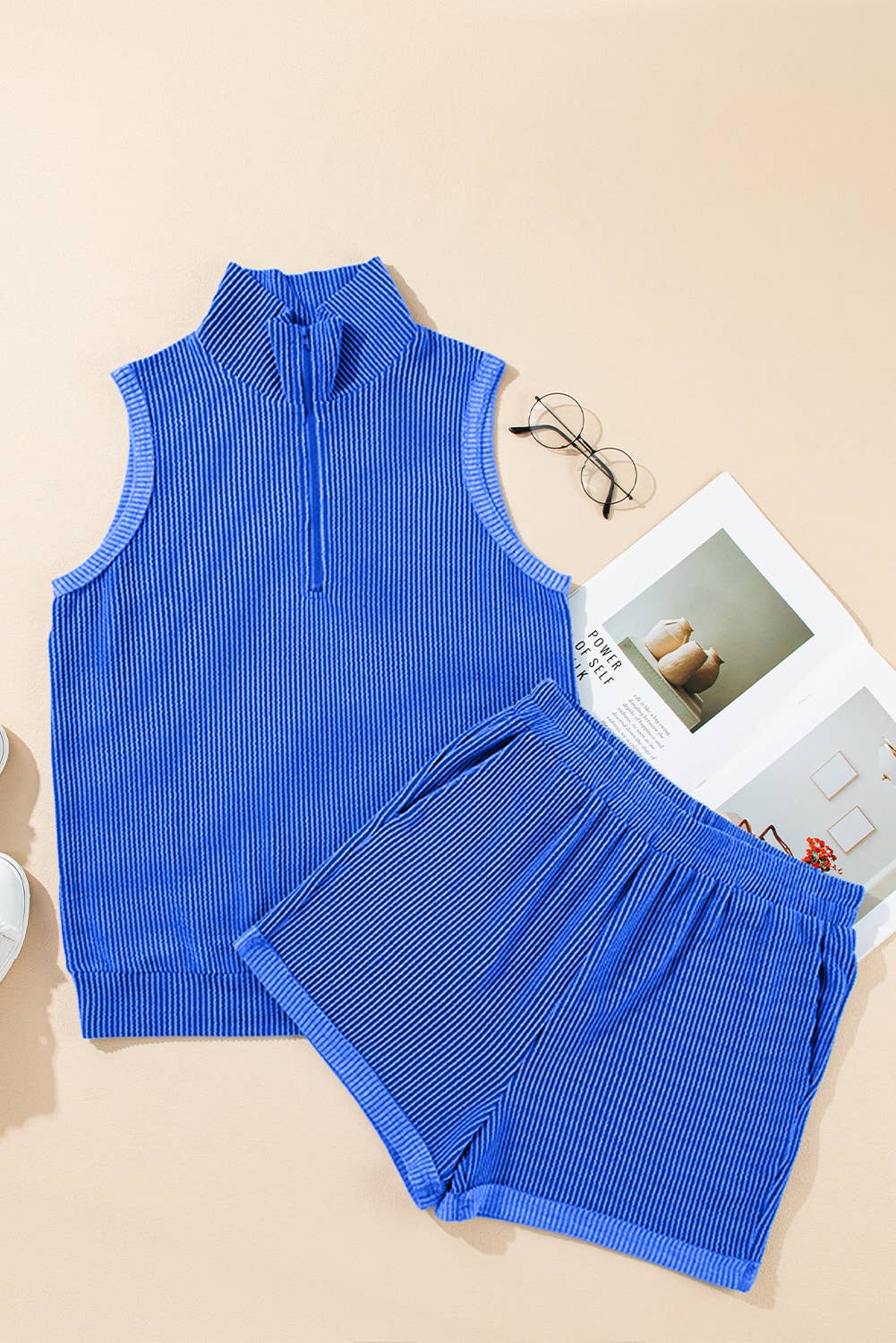 Farah | Corded Half Zip Tank Top Two Piece Shorts Set