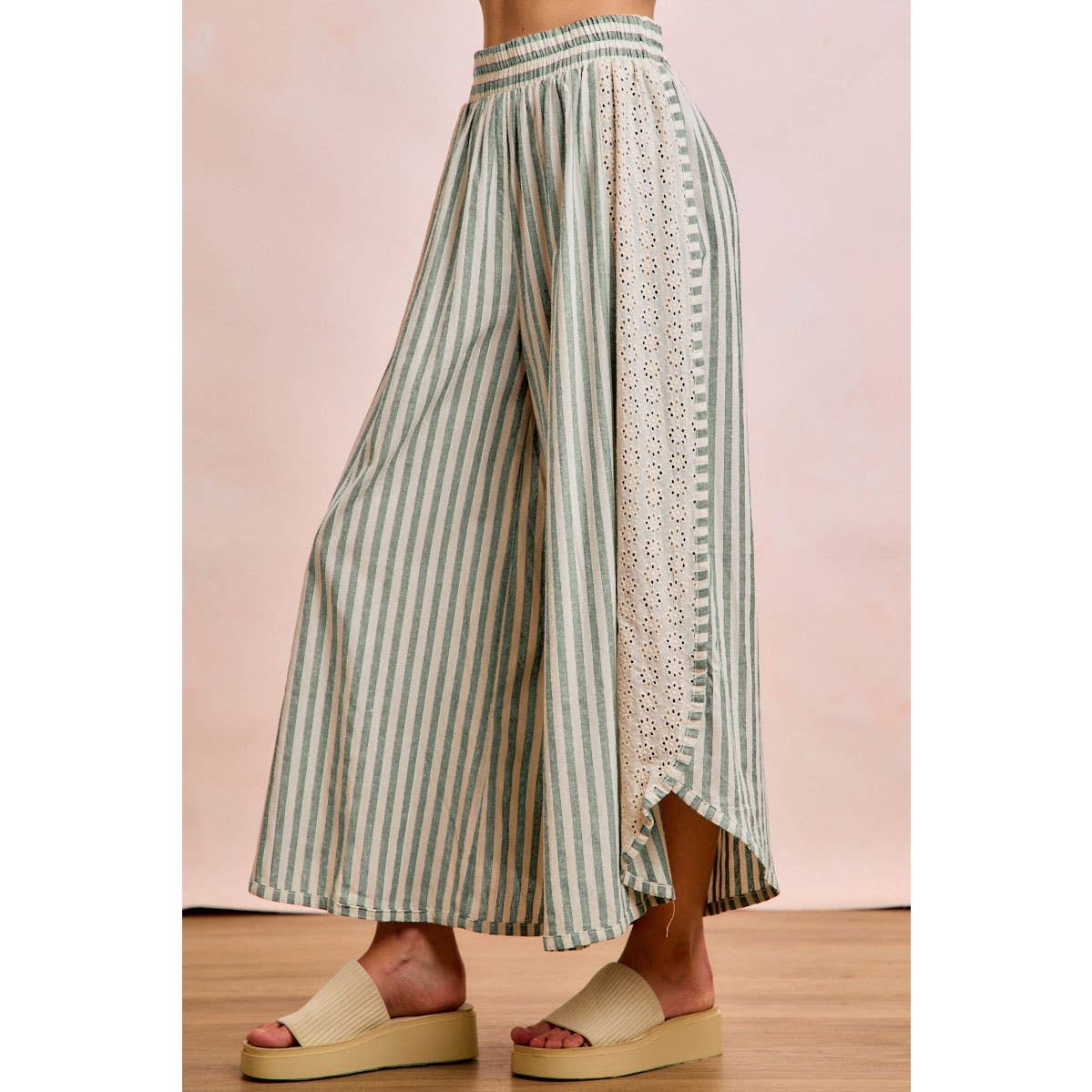 FLORAL EYELET SIDE ELASTIC STRIPES WIDE LEG PANTS: LIGHT PINK