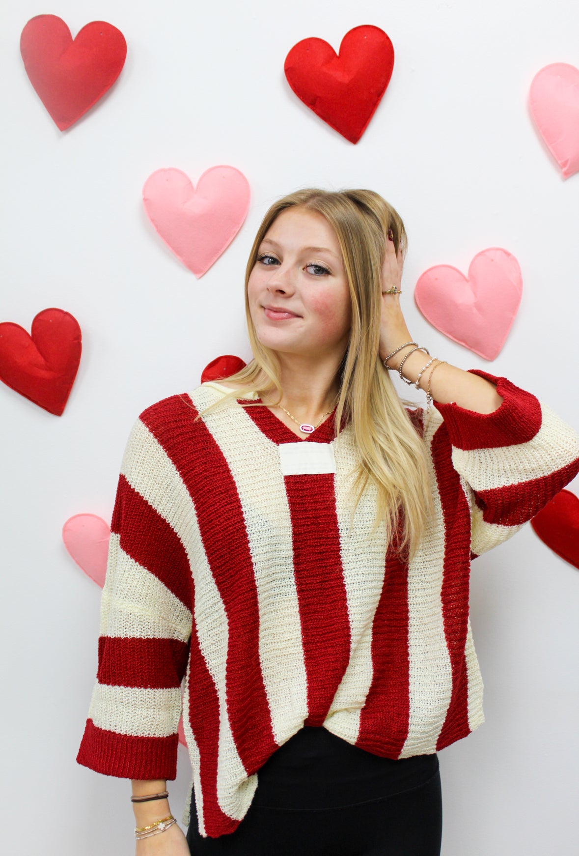 Red Stripe Colorblock V Neck Bracelet Sleeve Sweater: Red Stripe