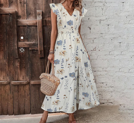 High- Waisted Slit Print Waist Long Dress