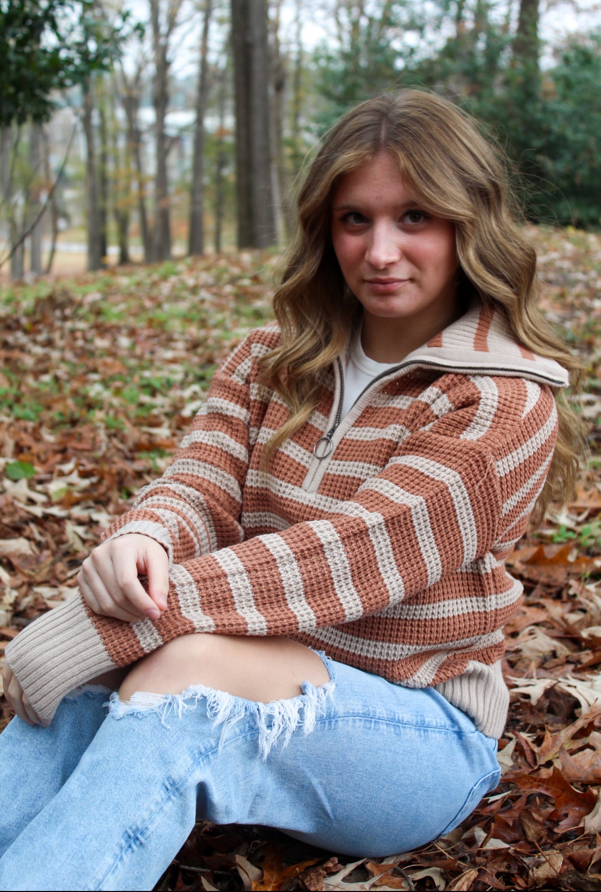 Collard Half Zip Up Stripe Sweater Knit Top