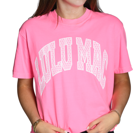PRE_ORDER_LULU MAC_ Polka Dot Adult Neon Pink Comfort Colors Tee: Neon Pink