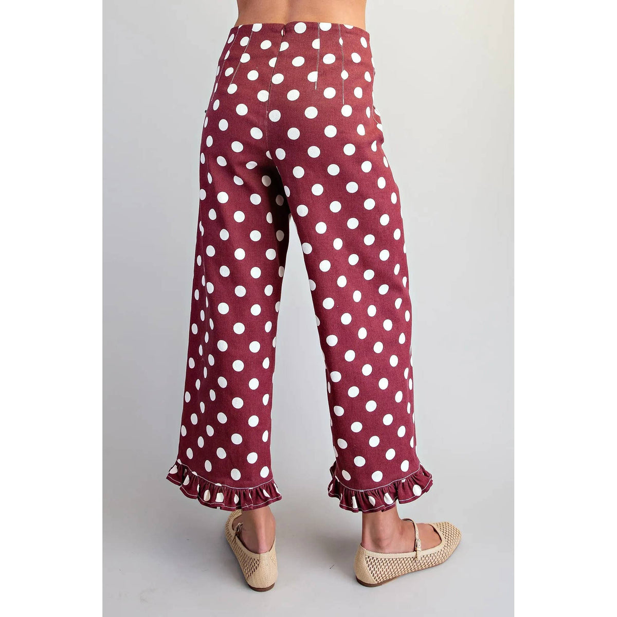 NEW Polka Dot Ruffle Hem Pants: WINE
