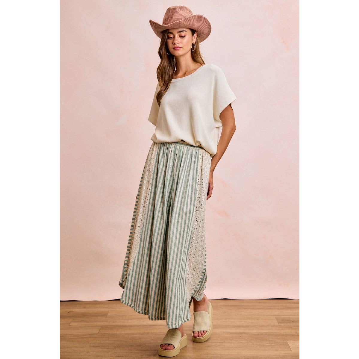 FLORAL EYELET SIDE ELASTIC STRIPES WIDE LEG PANTS: LIGHT PINK