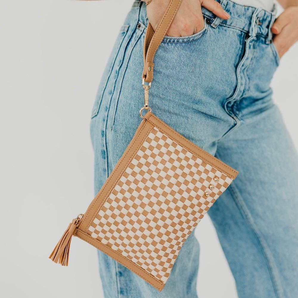 Veda Woven Crossbody and Clutch Bag: Checkered Tan