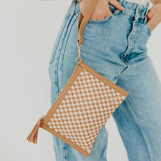 Veda Woven Crossbody and Clutch Bag: Checkered Tan